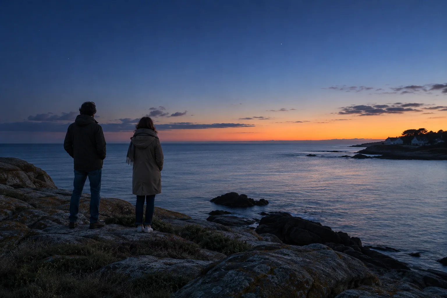 Deux personnes regardent l’horizon au bord de la mer avant le lever du soleil